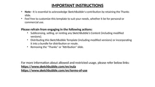 IMPORTANT INSTRUCTIONS
• Note - It is essential to acknowledge SketchBubble's contribution by retaining the Thanks
slide.
• Feel free to customize this template to suit your needs, whether it be for personal or
commercial use.
Please refrain from engaging in the following actions:
• Sublicensing, selling, or renting any SketchBubble’s Content (including modified
versions).
• Distributing this SketchBubble Template (including modified versions) or incorporating
it into a bundle for distribution or resale.
• Removing the "Thanks" or ”Attribution" slide.
For more information about allowed and restricted usage, please refer below links:
https://www.sketchbubble.com/en/eula
https://www.sketchbubble.com/en/terms-of-use
 