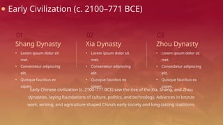 Early Civilization (c. 2100–771 BCE)
01
.
Shang Dynasty
• Lorem ipsum dolor sit
met.
• Consectetur adipiscing
elit.
• Quisque faucibus ex
sapen.
02
.
Xia Dynasty
• Lorem ipsum dolor sit
met.
• Consectetur adipiscing
elit.
• Quisque faucibus ex
sapen.
03
.
Zhou Dynasty
• Lorem ipsum dolor sit
met.
• Consectetur adipiscing
elit.
• Quisque faucibus ex
sapen.
Early Chinese civilization (c. 2100–771 BCE) saw the rise of the Xia, Shang, and Zhou
dynasties, laying foundations of culture, politics, and technology. Advances in bronze
work, writing, and agriculture shaped China’s early society and long-lasting traditions.
 