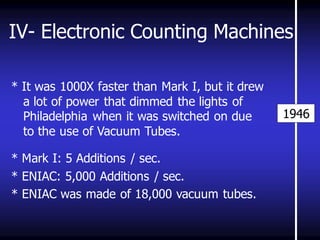IV- Electronic Counting Machines 
* It was 1000X faster than Mark I, but it drew a lot of power that dimmed the lights of Philadelphia when it was switched on due to the use of Vacuum Tubes. 
* Mark I: 5 Additions / sec. 
* ENIAC: 5,000 Additions / sec. 
* ENIAC was made of 18,000 vacuum tubes. 
1946  