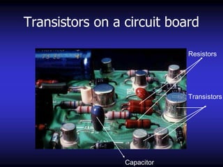 Transistors on a circuit board 
Transistors 
Capacitor 
Resistors  