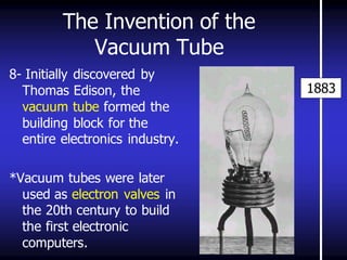 The Invention of the Vacuum Tube 
8- Initially discovered by Thomas Edison, the vacuum tube formed the building block for the entire electronics industry. 
*Vacuum tubes were later used as electron valves in the 20th century to build the first electronic computers. 
1883  