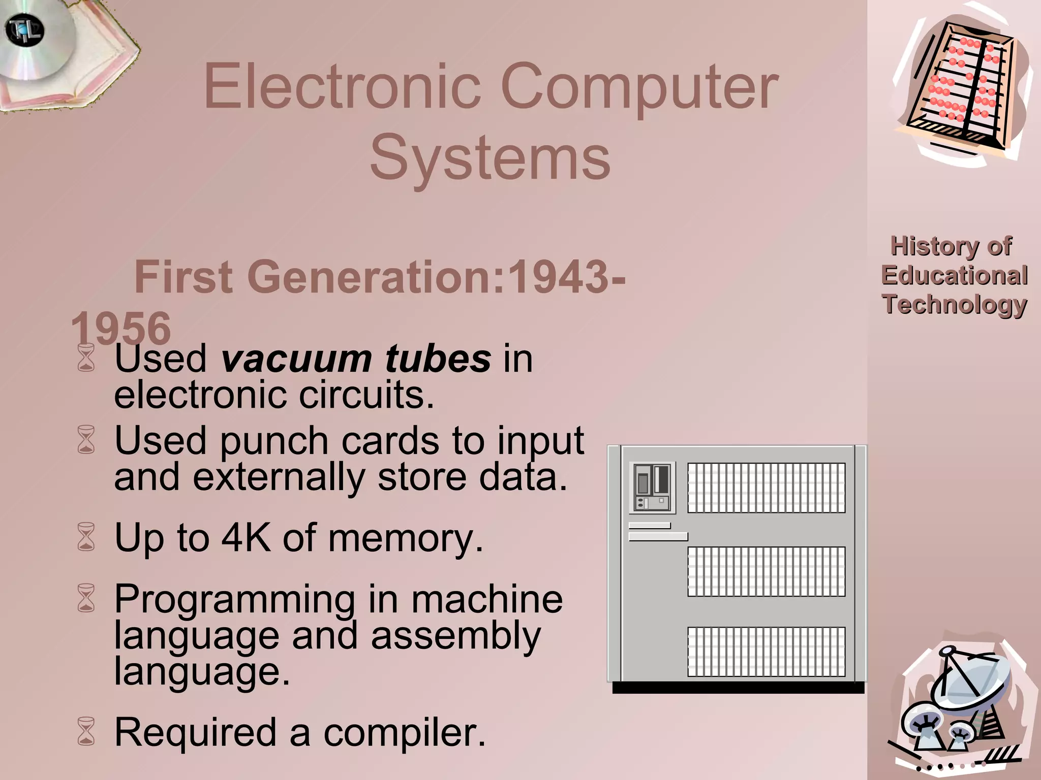 Electronic Computer Systems Used  vacuum tubes  in electronic circuits. Used punch cards to input and externally store data. Up to 4K of memory. Programming in machine language and assembly language. Required a compiler. First Generation:1943-1956 