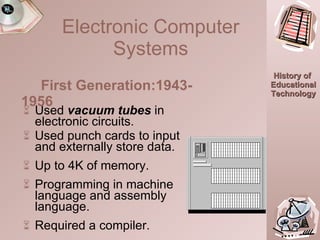 Electronic Computer Systems Used  vacuum tubes  in electronic circuits. Used punch cards to input and externally store data. Up to 4K of memory. Programming in machine language and assembly language. Required a compiler. First Generation:1943-1956 