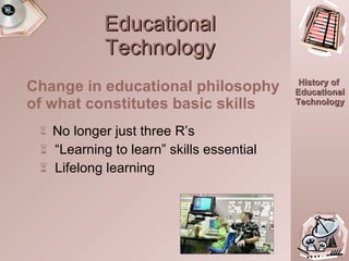 Educational Technology Change in educational philosophy of what constitutes basic skills No longer just three R’s “ Learning to learn” skills essential Lifelong learning TEA 