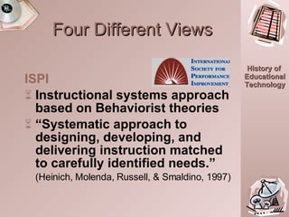 Four Different Views ISPI Instructional systems approach based on Behaviorist theories “ Systematic approach to designing, developing, and delivering instruction matched to carefully identified needs.”   (Heinich, Molenda, Russell, & Smaldino, 1997) 