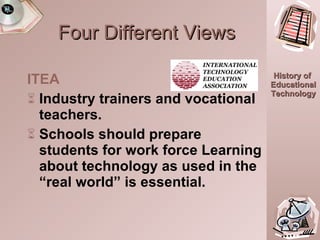 Four Different Views ITEA Industry trainers and vocational teachers. Schools should prepare students for work force Learning about technology as used in the “real world” is essential. 