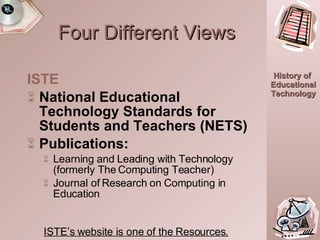 Four Different Views ISTE  National Educational Technology Standards for Students and Teachers (NETS) Publications: Learning and Leading with Technology (formerly The Computing Teacher) Journal of Research on Computing in Education ISTE’s website is one of the Resources. 