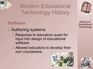 15:05.0 Authoring systems Response to educators quest for input into design of educational software. Allowed educators to develop their own courseware. Software TEA Modern Educational Technology History 