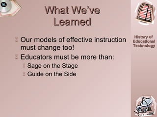 Our models of effective instruction must change too! Educators must be more than:  Sage on the Stage Guide on the Side What We’ve Learned 19:40.0 