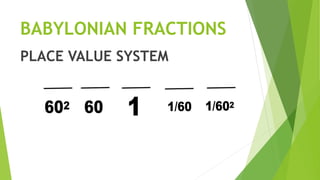 BABYLONIAN FRACTIONS
PLACE VALUE SYSTEM
 