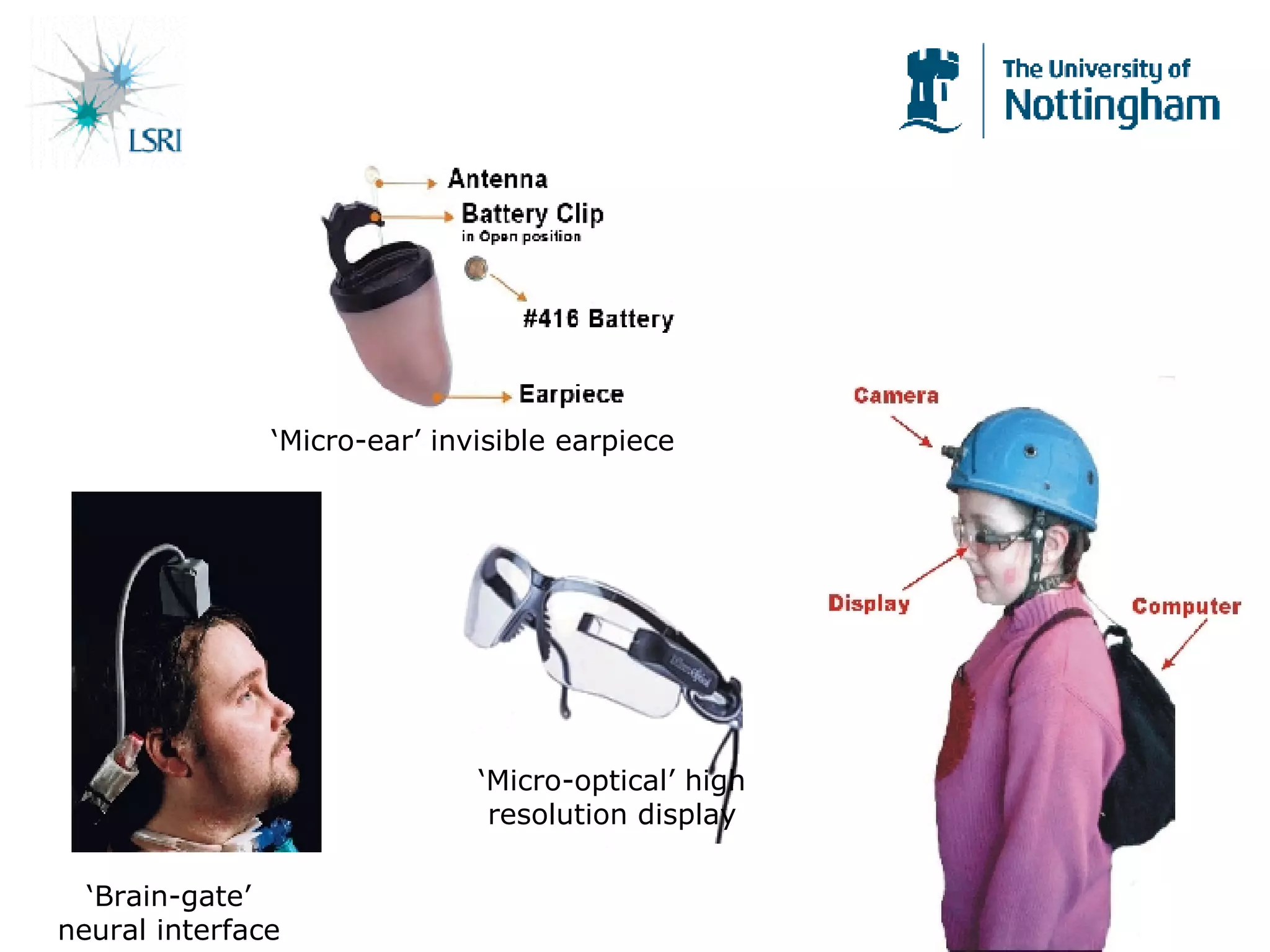 ‘ Micro-ear’ invisible earpiece ‘ Micro-optical’ high resolution display ‘ Brain-gate’ neural interface 