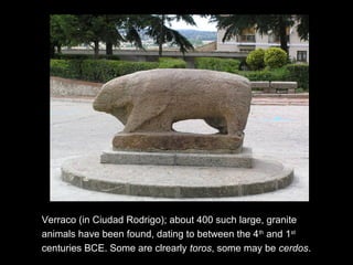 Verraco (in Ciudad Rodrigo); about 400 such large, granite
animals have been found, dating to between the 4th
and 1st
centuries BCE. Some are clrearly toros, some may be cerdos.
 