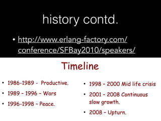 history contd.
• http://www.erlang-factory.com/
conference/SFBay2010/speakers/
joearmstrong
 