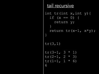 int tr(int x,int y){ 
if (x == 0) { 
return y; 
} 
return tr(x-1, x*y); 
} 
 
tr(3,1) 
 
tr(3-1, 3 * 1) 
tr(2-1, 2 * 3) 
tr(1-1, 1 * 6) 
6
tail recursive
 