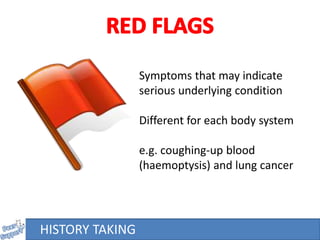 HISTORY TAKING
Symptoms that may indicate
serious underlying condition
Different for each body system
e.g. coughing-up blood
(haemoptysis) and lung cancer
 