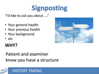 HISTORY TAKING
“I’d like to ask you about ….”
• Your general health
• Your previous health
• Your background
• etc
WHY?
Patient and examiner
know you have a structure
 