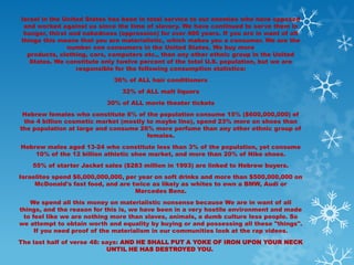 Israel in the United States has been in total service to our enemies who have opposed
 and worked against us since the time of slavery. We have continued to serve them in
 hunger, thirst and nakedness (oppression) for over 400 years. If you are in want of all
things this means that you are materialistic, which makes you a consumer. We are the
               number one consumers in the United States. We buy more
  products, clothing, cars, computers etc., than any other ethnic group in the United
   States. We constitute only twelve percent of the total U.S. population, but we are
                  responsible for the following consumption statistics:
                             36% of ALL hair conditioners
                               32% of ALL malt liquors
                           30% of ALL movie theater tickets
 Hebrew females who constitute 6% of the population consume 15% ($600,000,000) of
 the 4 billion cosmetic market (mostly to maybe line), spend 23% more on shoes than
the population at large and consume 26% more perfume than any other ethnic group of
                                       females.
Hebrew males aged 13-24 who constitute less than 3% of the population, yet consume
    10% of the 12 billion athletic shoe market, and more than 20% of Nike shoes.
    55% of starter Jacket sales ($283 million in 1993) are linked to Hebrew buyers.
Israelites spend $6,000,000,000, per year on soft drinks and more than $500,000,000 on
     McDonald's fast food, and are twice as likely as whites to own a BMW, Audi or
                                    Mercedes Benz.
    We spend all this money on materialistic nonsense because We are in want of all
things, and the reason for this is, we have been in a very hostile environment and made
 to feel like we are nothing more than slaves, animals, a dumb culture less people. So
we attempt to obtain worth and equality by buying or and possessing all these "things".
     If you need proof of the materialism in our communities look at the rap videos.
The last half of verse 48: says: AND HE SHALL PUT A YOKE OF IRON UPON YOUR NECK
                            UNTIL HE HAS DESTROYED YOU.
 