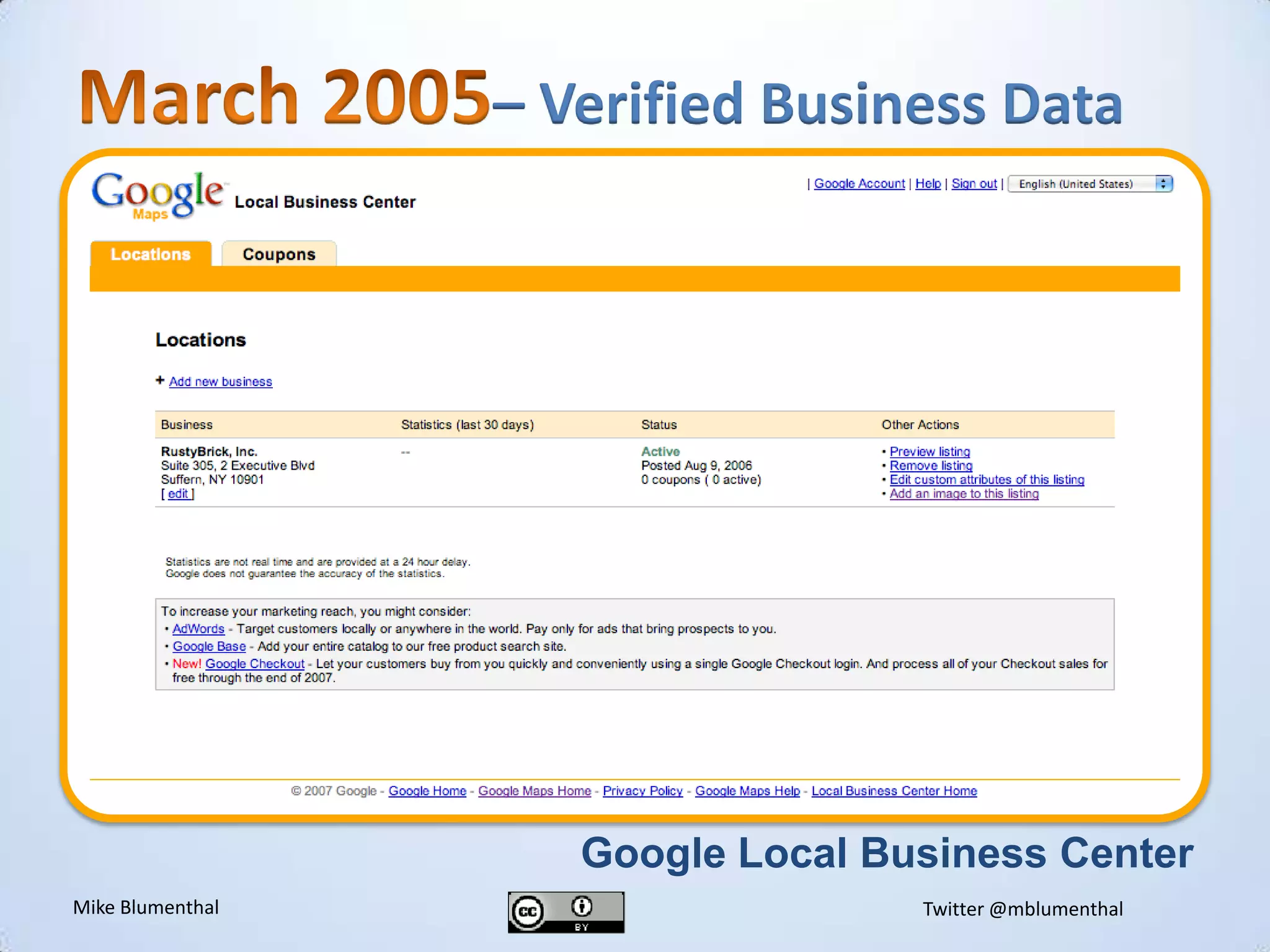 March 2005– Verified Business DatavGoogle Local Business Center