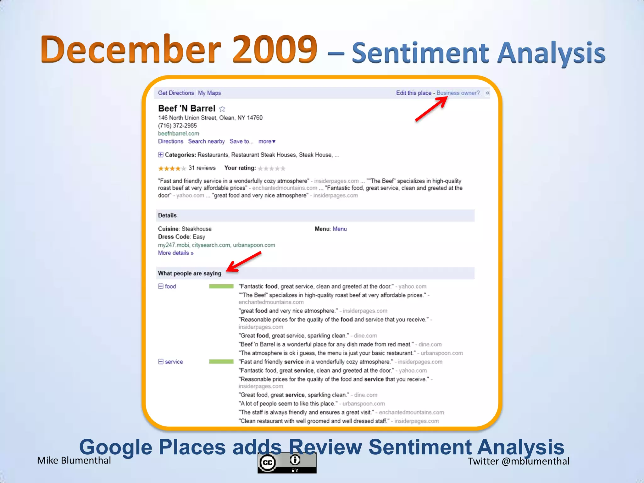 December 2009 – Sentiment AnalysisvGoogle Places adds Review Sentiment Analysis