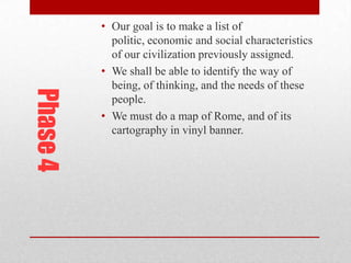 Phase 4

• Our goal is to make a list of
politic, economic and social characteristics
of our civilization previously assigned.
• We shall be able to identify the way of
being, of thinking, and the needs of these
people.
• We must do a map of Rome, and of its
cartography in vinyl banner.

 