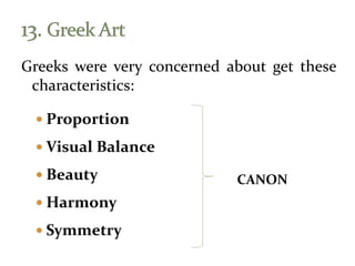 Greeks were very concerned about get these
characteristics:
 Proportion
 Visual Balance
 Beauty
 Harmony
 Symmetry
CANON
 