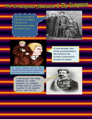 We ask for reforms within the
    Church here in the Philippines.
    Their unjust racial
    discrimination against Filipino
    priests should be erased!!




                                                    In your dreams!! I will
                                                    never allow reforms in
                                                    the system of the
                                                    Catholic Church here!!
                                                    Be gone you indios!!



The Spanish authorities saw the reform
movement of the three priests as a threat so they
came up with a plot to end it once and for all.



      I sentenced the three
      priests; Fr. Jose
      Burgos, Fr. Mariano
      Gomez and Fr. Jacinto
      Zamora to be hanged
      in full view of the
      public.
 