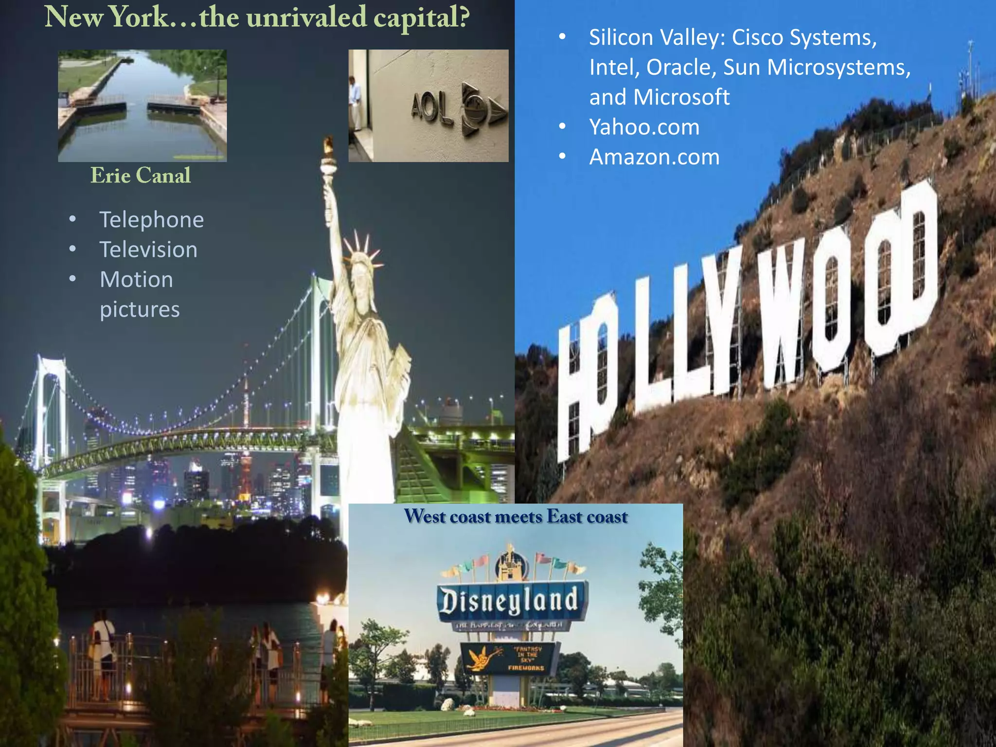 New York…the unrivaled capital?Silicon Valley: Cisco Systems, Intel, Oracle, Sun Microsystems, and Microsoft