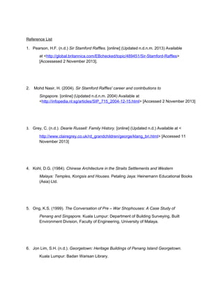 Reference List
1. Pearson, H.F. (n.d.) Sir Stamford Raffles. [online] (Updated n.d.n.m. 2013) Available
at <http://global.britannica.com/EBchecked/topic/489451/Sir-Stamford-Raffles>
[Accessesed 2 November 2013].

2.

Mohd Nasir, H. (2004). Sir Stamford Raffles' career and contributions to
Singapore. [online] (Updated n.d.n.m. 2004) Available at
<http://infopedia.nl.sg/articles/SIP_715_2004-12-15.html> [Accessed 2 November 2013]

3. Grey, C. (n.d.). Dearie Russell: Family History. [online] (Updated n.d.) Available at <
http://www.clairegrey.co.uk/rd_grandchildren/george/klang_bri.html> [Accessed 11
November 2013]

4. Kohl, D.G. (1984). Chinese Architecture in the Straits Settlements and Western
Malaya: Temples, Kongsis and Houses. Petaling Jaya: Heinemann Educational Books
(Asia) Ltd.

5. Ong, K.S. (1999). The Conversation of Pre – War Shophouses: A Case Study of
Penang and Singapore. Kuala Lumpur: Department of Building Surveying, Built
Environment Division, Faculty of Engineering, University of Malaya.

6. Jon Lim, S.H. (n.d.). Georgetown: Heritage Buildings of Penang Island Georgetown.
Kuala Lumpur: Badan Warisan Library.

 