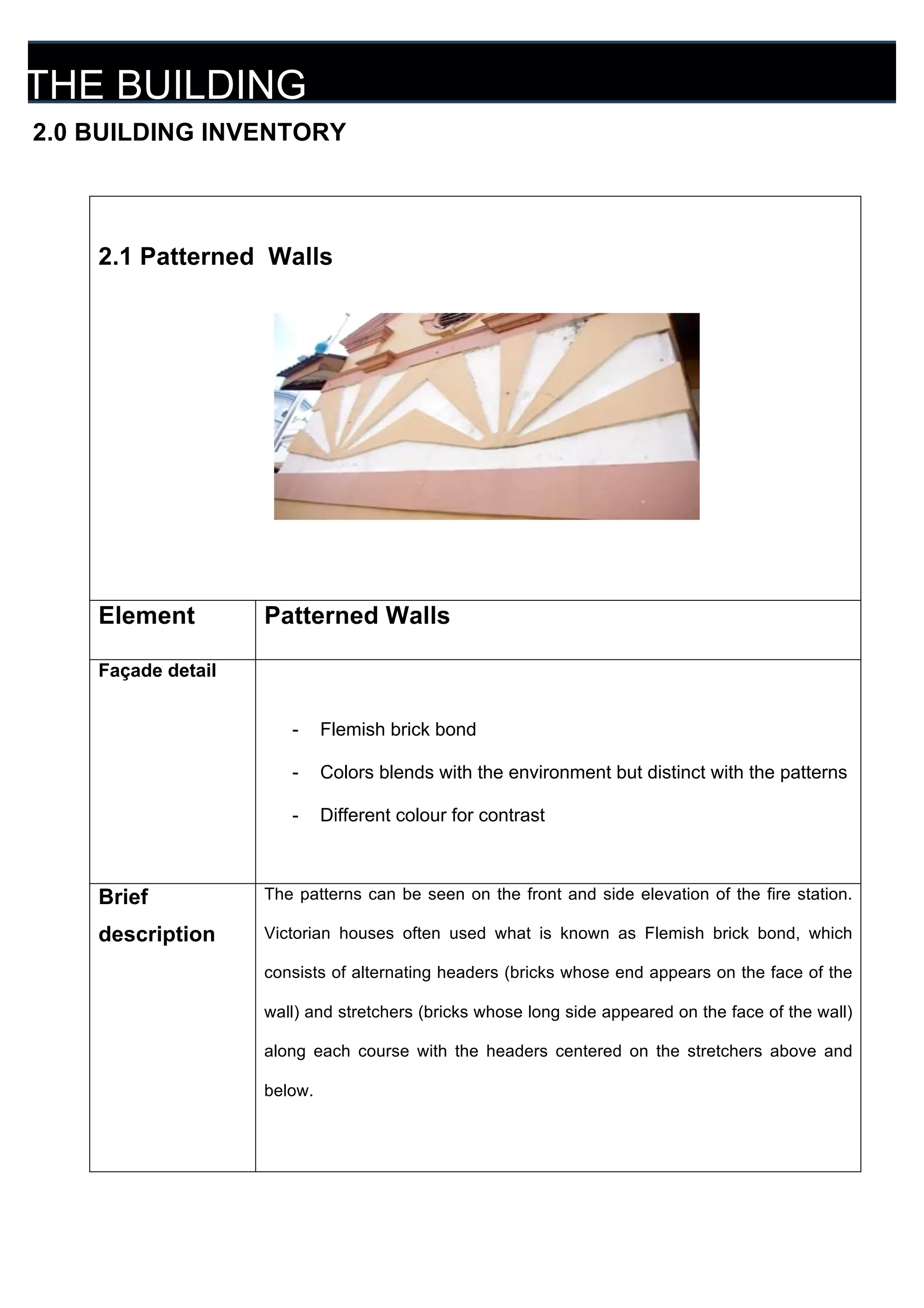 THE BUILDING
2.0 BUILDING INVENTORY

2.1 Patterned Walls

Element

Patterned Walls

Façade detail
-

Flemish brick bond

-

Colors blends with the environment but distinct with the patterns

-

Different colour for contrast

Brief

The patterns can be seen on the front and side elevation of the fire station.

description

Victorian houses often used what is known as Flemish brick bond, which
consists of alternating headers (bricks whose end appears on the face of the
wall) and stretchers (bricks whose long side appeared on the face of the wall)
along each course with the headers centered on the stretchers above and
below.

 