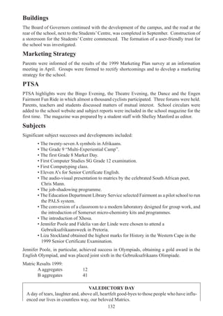 132
Buildings
The Board of Governors continued with the development of the campus, and the road at the
rear of the school, next to the Students’ Centre, was completed in September. Construction of
a storeroom for the Students’ Centre commenced. The formation of a user-friendly trust for
the school was investigated.
Marketing Strategy
Parents were informed of the results of the 1999 Marketing Plan survey at an information
meeting in April. Groups were formed to rectify shortcomings and to develop a marketing
strategy for the school.
PTSA
PTSA highlights were the Bingo Evening, the Theatre Evening, the Dance and the Engen
Fairmont Fun Ride in which almost a thousand cyclists participated. Three forums were held.
Parents, teachers and students discussed matters of mutual interest. School circulars were
added to the school website and subject reports were included in the school magazine for the
first time. The magazine was prepared by a student staff with Shelley Manford as editor.
Subjects
Significant subject successes and developments included:
• The twenty-seven A symbols in Afrikaans.
• The Grade 9 “Multi-Experiential Camp”.
• The first Grade 8 Market Day.
• First Computer Studies SG Grade 12 examination.
• First Computyping class.
• Eleven A’s for Senior Certificate English.
• The audio-visual presentation to matrics by the celebrated South African poet,
Chris Mann.
• The job-shadowing programme.
• The Education Department Library Service selected Fairmont as a pilot school to run
the PALS system.
• The conversion of a classroom to a modern laboratory designed for group work, and
the introduction of Somerset micro-chemistry kits and programmes.
• The introduction of Xhosa.
• Jennifer Poole and Fidelia van der Linde were chosen to attend a
Gebruiksafrikaansweek in Pretoria.
• Liza Stockland obtained the highest marks for History in the Western Cape in the
1999 Senior Certificate Examination.
Jennifer Poole, in particular, achieved success in Olympiads, obtaining a gold award in the
English Olympiad, and was placed joint sixth in the Gebruiksafrikaans Olimpiade.
Matric Results 1999:
A aggregates 12
B aggregates 41
VALEDICTORY DAY
A day of tears, laughter and, above all, heartfelt good-byes to those people who have influ-
enced our lives in countless way, our beloved Matrics.
 