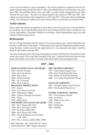 143
cesses were described in a special pamphlet. The school qualified to compete in the SA Na-
tional Championships for the first time in 1985, when Debbie Heyns was the trainer, and, apart
from 1986, had qualified fifteen times until 2001, an achievement unequalled by any other
Western Province team. The team was placed fourth in the country in 1989 and 1998. Indi-
viduals were placed first in the competitions in 1991 and 1997. Three girls, Sharon Stanbridge
(1998), Taryn Boonzaier (2001) and Lauren Nortje (2002) were selected for national teams.
Achievements
Pupils achieving national recognition in other sports, and whose successes were described in
the yearbook were Leigh Bierman (hockey), Lauryn Fabian and Nici Gouws (aerobics), Lisa
Loynes (pentathlon), Alexander Nikiforou (wrestling), Alida Schoonenberg (goju ryu) and
Tamaryn Schultz (gymnastics).
Retirements
Mr Clive Wigg (principal) and Mr Alastair Frost (senior deputy) gave notice during the year
that they would retire in December. Unfortunately, the Education Department delayed adver-
tising the posts, which meant that the appointment of a new principal and deputy would be
delayed until midway through 2003.
The school bade farewell to Mr Wigg, the founder principal, and Mr Frost, who had been at the
school since April 1985, at the final assembly of the year. A farewell function for parents, past
pupils and friends of the school was held in the school hall on the preceding Friday.
1997 - 2002
SPEECH NIGHT GUEST SPEAKERS
1997 - Prof RL Christie
1998 - Mr P van Vuuren
1999 - Prof N Kok
2000 - Dr Pat Gorvalla
2001 - Dr L Vermaak
2002 - Mr N Andrews
DRAMATIC PRODUCTIONS
1997 - Grease
1998 - Lust, Deceit and Folly
1999 - Midsummer Nights
2000 - Cabaret Through the Decades
2001 - Wh@t
2002 - Blithe Spirit
FOUNDERS’ DAY GUEST SPEAKERS
1997 - Dr C Woods (HB 1987)
1998 - Ms C de Villiers (1988)
1999 - Dr R Ross (HB 1989)
2000 - Ms N Meyer (HG 1990)
2001 - Mrs B du Plessis (van der Walt)
( GF 1981)
2002 - Mrs L Arries (Luddit) (DHG 1990)
HB: Head Boy HG: Head Girl GF: Good
Fellowship Prize DHG: Deputy Head Girl
MR AND MISS FAIRMONT
1997 - James Espin/Teegan Swart
1998 - Gary Swart/Samantha Jones
1999 - Dennis de Wet/Eula Boltman
2000 - Lee van der Berg/Donné Pienaar
FACES OF FAIRMONT
2001 - Edward Copley/Laura D’Amore
2002 - Dan Kadima/Megan Lenz
MATRIC FAREWELL THEMES
1997 - The Academy Awards
1998 - Ice Palace
1999 - Night on the Town
2000 - Cosmos
2001 - Reflections
2002 - Xanadu
 