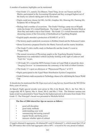 162
A number of academic highlights can be mentioned.
• four Grade 12’s, namely Zoe Blaauw, Yanni Yang, Jevan van Vuuren and Kyle
Martin, participated in the Accounting Olympiad and they averaged highest out of
the fourty-six schools taking part in the first round.
• Pupils could now choose Art HG, Art SG, Graphics SG, Drawing SG, Painting SG,
Sculpture SG or Design SG.
• Biology had a number of excursions. The Grade 9 biology camp was at Mizpah
while the Grade 10’s visited Dalebrook. The Grade 11’s visited the World of Birds at
Hout Bay and made a trip to Seal Island. The Grade 12’s visited museums and the
dissecting rooms of the University of Stellenbosch at Tygerberg Hospital.
• English pupils attended a production of HAMLET at UCT.
• The history pupils undertook excursions to Robben Island and the Holocaust Centre.
• Home Economics prepared food for the Matric Farewell and the matric breakfast.
• The Grade 9’s did a traffic study in Durbanville and the Grade 8’s went to
Froggy Pond.
• The annual excursion of Physiology pupils to the Tygerberg Hospital Anatomy
Department was undertaken without anybody fainting at the sight of cadavers and
“body bits” in jars.
• 120 Grade 10’s visited the MTN Science Centre at Canal Walk to attend the show
“Imaging Einstein” to commemorate the centenary of the birth of Albert Einstein.
• The Grade 11’s spent an afternoon at “Phenomenal Physics” at UCT.
• Pupils participated in the Equal Water Distribution System Competition.
• Grade 8 learners made accessories in Technology classes to be sold during the SoccerWorld
Cup.
It should also be mentioned that Mr Elgie received a Long ServiceAward from the WCED for
thirty years of service.
At Speech Night special awards were given to Mrs A de Reuck, Mrs L. du Toit, Mrs A.
Langeveldt, Mr N. Speres, Mrs A. Stone, Mr G. and Mrs J. Vlok. The Honours summa cum
laude award was presented to Yanni Yang for the highest percent in all exams from Grade 10 to
Grade 12. The Principal’s Award was presented to Michelle Kilfoil.
The Dux of 2004 shared her tips on success as follows:
• good self-discipline
• good study methods
• understanding your work
• summarizing and testing yourself
• regular breaks and being active
• interests whether sport of cultural
23 pupils obtainedA aggregates, 44 obtained B’s and 53 obtained C’s, which meant that 119 of
the 200 matrics that wrote had aggregates above 60% - a record to be very proud of indeed.
 