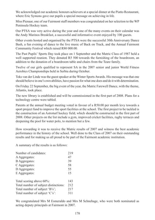 178
We acknowledged our academic honours achievers at a special dinner at the Piatto Restaurant,
where Eric Symons gave our pupils a special message on achieving in life.
Miss Pienaar, one of our Fairmont staff members was congratulated on her selection to the WP
Peninsula Hockey team.
Our PTSA was very active during the year and one of the many events on their calendar was
the Andy Marinos Breakfast, a successful and informative event enjoyed by 100 guests.
Other events hosted and organised by the PTSA were the successful 30th Anniversary Dance
Bash, a fun evening of dance to the live music of Back on Track, and the Annual Fairmont
Community Festival which raised R80 000.00.
The Past Pupils’ Sports Day took place on 1 September and the Matric Class of 1987 held a
well supported reunion. They donated R5 500 towards the furnishing of the boardroom, an
addition to the donation of a boardroom table and chairs from the Teare family.
Twelve of our girls qualified to represent SA in the 2007 senior and junior World Fitness
Aerobics Championships held in Serbia during October.
Toks van der Linde was the guest speaker at the Winter SportsAwards. His message was that one
should believe in one’s own abilities, have passion for what one does and do it with determination.
On Friday 22 September, the big event of the year, the Matric Farewell Dance, with the theme,
Atlantis, took place.
The new library is established and will be commissioned in the first part of 2008. Plans for a
technology centre were tabled.
Parents at the annual budget meeting voted in favour of a R50.00 per month levy towards a
sport project fund to improve the sport facilities at the school. The first project to be tackled is
the construction of an Astroturf hockey field, which should be constructed in the first part of
2008. Other projects on the list include a gym, improved cricket facilities, rugby terraces and
deepening the pool for water polo, to mention but a few.
How rewarding it was to receive the Matric results of 2007 and witness the best academic
performance in the history of the school. Well done to the Class of 2007 on their outstanding
results and for making us all proud to be part of the Fairmont academic institution.
A summary of the results is as follows:
Number of candidates: 219
AAggregates: 47
B Aggregates: 39
C Aggregates: 58
D Aggregates: 55
E Aggregates: 15
Total scoring above 60%: 143
Total number of subject distinctions: 212
Total number of subject ‘B’s’; 217
Total number of subject ‘C’s’: 311
We congratulated Mrs M Esmeraldo and Mrs M Schnehage, who were both nominated as
acting deputy principals at Fairmont in 2007.
 