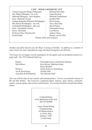 18
CAST - “WHAT A WEEKEND” 1979
Colonel Lancelot (Pongo) Pilkington : Michael McCarthy
Mrs Mabel Pilkington - his wife : Susan Bremner
Deborah Pilkington - their daughter : Michelle Faulhammer
Joan - Deborah’s friend : Jennifer Hall
Captain Reginald (Whacko) Worthington : Kevin Seeley
Mrs Dulcie Worthington - his wife : Tracy McCarthy
Archiebald Worthington - their son : David Parkes
John - Archiebald’s friend : Christopher Payne
Jarvis - the butler : Lisa Brown
Professor Percy Weedsworth : Andrew Steyn
French Maid : Bonnie van der Walt
Hockey Girls and Cricketers
Another enjoyable function was the Music Evening in October. In addition to a number of
music items, the choir sang thirteen songs, the theme being Ben and Michelle.
The Grapevine newspaper was the mouthpiece for the pupils, and was produced entirely by a
pupil staff. The 1979 Editorial Staff was:
Editors: Christopher Payne and Denise Hammer
Sub-Editors: Kim Record, Sharlene Heath,
Karen Boshoff
Printers: Jannie Kolovos, Paul Bruins
Art & Advertising: Jennifer Hall
Assembly & Distribution: The Editorial Staff
This was still the time of wax stencils and manual printers. Covers were printed courtesy of
Mr and Mrs Wulfse. The Grapevine comprised letters, features, sport reports, comments,
articles, society reports, film reviews and literature. Two extracts from the second term edition
follow:
Congratulations
to the Sportsman of the term
KEVIN WEBB
Junior World Sailing
Championships
SA Representative
Levorno, Italy
Sailing a “420”
(2-man boat)
 