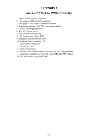 193
APPENDIX 2
DOCUMENTS AND PHOTOGRAPHS
1. Page 1 of first circular to parents.
2. First page of 1977 admissions register
3. First page of first School Committee minutes.
4. Attendance register - first PTA Committee meeting.
5. Official Opening programme.
6. Sports Complex appeal.
7. Recreation Centre opening.
8. 10th Anniversary Dinner 1987.
9. Academic Honours Dinner 2000
10. Students’ Centre opening 1999.
11. Carnival flyer/pamphlet.
12. Grapevine cover
13. Drama programme
14. The site of the Multipurpose Centre and Architect’s impression
15. Letter of congratulations from the Circuit Manager Mr AAppel
16. The 30th Anniversary Staff - 2007
 