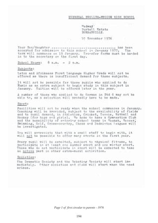 194
Page 1 of first circular to parents - 1976
 