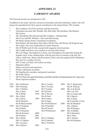 218
APPENDIX 13
FAIRMONT AWARDS
The Fairmont Award was introduced in 1991.
In addition to the many who have served on committees and sub-committees, others who will
always be remembered for their special contribution to the school before 1991 include:
* Mrs Craddock, first PTA secretary and fête convener.
* Tuckshop convenors Mrs Windell, Mrs McCarthy, Mrs Keohane, Mrs Bosken,
Mrs Gouws.
* Mrs Woodhead, Mrs Howard and Mrs Crighton - clothing bank.
* Mrs Fivaz and Mrs Williams - fêtes and fund-raising.
* Mr Hardy and the matric examination invigilators.
* Mrs Duckitt, Mr Steynberg, Mr Collins, Mr De Vries, Mr Dewey, Mr Kingwill and
Mr Leader, who were responsible for school finances.
* Mrs M Wulfse and all who assisted with magazine advertisements.
* Mrs Ludditt and those who coached or assisted school teams.
* Mrs Lyn Wigg, who helped in so many ways throughout, but especially during the
founder years, in the clothing bank, with the provision of curtains in the hall, the
offices, staff room, library and Recreation Centre, and who organised the Valedictory
Day teas for a number of years.
* Mrs Yvonne van Wyk, first school secretary.
* Magazine editors.
* Dance convenors and organisers.
* Printers, laboratory assistants.
* Mr Engelbrecht, caretaker, and general assistants.
* Mr Frank Choice.
* MrClivePeckwho,apartfrombeingacommitteemember,randancingclassesfor manyyears
* Drum majorette mothers.
1991 Mrs S Johnston
1992 Mrs P Koning
Mrs V Helders
Mrs A Jones
Mr G Willet
1993 Mrs G Bull
Mrs J Davis
Mr B Machrell
Mr B Merryweather
1994 Mrs P Chapman
Mrs B Sheet
Mrs E Donachie
Mrs B Vermoter
Mr D Meyer
1995 Mrs J Brink
Mrs V Crighton
Mrs A Loynes
1996 Mrs A Bosch
Mrs L Coetzer
Mrs C Cowley
Mr F Ershine
1997 Mr M Ettish
1998 Mrs F Harvey
Mrs H Smit
1999 Mr R Aitken
Mrs H Isgar
Mrs M Oosthuizen
Mrs D Smedley
Mrs M Vorster
Mr B Williamson
2000 -
2001 -
2002 Mrs G Aldridge
Mr G Gatenby
Mrs C Schwartz
2003 -
2004 Mrs T Boonzaaier
Mrs R Killassy
2005 Mrs A de Reuck
Mrs L du Toit
Mrs A Langeveldt
Mr N Speres
Mrs A Stone
Mr G and Mrs J Vock
2006 Mrs R Odendaal
Mrs J Martin
Mrs M Dingley
2007 Mrs A Dolpire
Mr N Donachie
Mrs J Hunt
Mr A Kokott
Mrs M Kropman
 