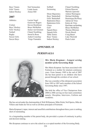 224
Boys’ Tennis Niel Vermeulen
Girls’ Tennis Linda Jooste
Indoor Hockey Aimee Hill
2007
Athletics Lucien Vogel
Guinivere Rogers
Cricket Steven Dembitzer
Boys’ Hockey Bruce McMullen
Girls’ Hockey Jaclyn van Greunen
Netball Chanel Neethling
Rugby Jarred le Roux
Soccer Girls Auberi Courchay
Soccer Boys Yorgo Yiannakis
Softball Chanel Neethling
Swimming Ettiene Rusconi
Marisia Lipowski
Drum Majorettes Ashton Warrington
Boys’ Basketball Michael Holliday
Girls’ Basketball Dominique Du Plooy
Badminton Boys Adrian de Vries
Badminton Girls Kalyn de Vries
Chess RyanJansevanRensburg
Golf Bruce McMullen
Squash Boys Thomas Ibbotsen
Squash Girls Nicole Bosch
Table Tennis Craig Bauer
Boys’ Tennis Luke Thorrold
Indoor Hockey Paula Lotter
APPENDIX 15
PERSONALIA
Mrs Maria Kropman - Longest serving
member of the Governing Body
Mrs Maria Kropman has been associated with
Fairmont as a mother for nineteen continuous
years. From January 1989 to the end of 2007
she has been parent to six children who have
passed through the corridors of our school.
She was a member of the old parent association
from 1993 to 1997 and a member of the School
Governing Body since 1997.
She held the office of Vice Chairperson from
2000 to 2006 serving on four main committees
namely: Discipline, Interviews, Uniform and
Academic.
She has served under the chairmanship of: Rob Williamson, Mike Ettish, Neil Speres, Mike de
Villiers and Andre du Toit as well as all three principals of Fairmont.
Maria Kropman’s input, interest and unselfish contributions throughout these years is nothing
short of outstanding.
As a longstanding member of the parent body, she provided a system of continuity in policy
and decision making.
Mrs Kropman continues to serve the school as a co-opted member of the Governing Body.
 