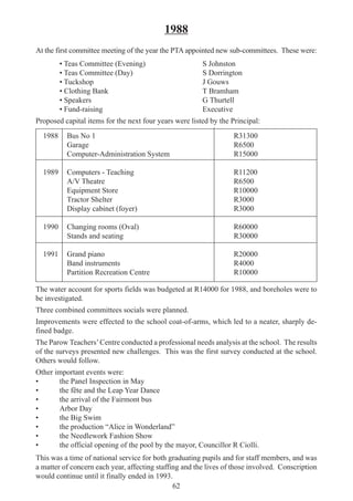 62
1988
At the first committee meeting of the year the PTA appointed new sub-committees. These were:
• Teas Committee (Evening) S Johnston
• Teas Committee (Day) S Dorrington
• Tuckshop J Gouws
• Clothing Bank T Bramham
• Speakers G Thurtell
• Fund-raising Executive
Proposed capital items for the next four years were listed by the Principal:
1988 Bus No 1 R31300
Garage R6500
Computer-Administration System R15000
1989 Computers - Teaching R11200
A/V Theatre R6500
Equipment Store R10000
Tractor Shelter R3000
Display cabinet (foyer) R3000
1990 Changing rooms (Oval) R60000
Stands and seating R30000
1991 Grand piano R20000
Band instruments R4000
Partition Recreation Centre R10000
The water account for sports fields was budgeted at R14000 for 1988, and boreholes were to
be investigated.
Three combined committees socials were planned.
Improvements were effected to the school coat-of-arms, which led to a neater, sharply de-
fined badge.
The Parow Teachers’Centre conducted a professional needs analysis at the school. The results
of the surveys presented new challenges. This was the first survey conducted at the school.
Others would follow.
Other important events were:
• the Panel Inspection in May
• the fête and the Leap Year Dance
• the arrival of the Fairmont bus
• Arbor Day
• the Big Swim
• the production “Alice in Wonderland”
• the Needlework Fashion Show
• the official opening of the pool by the mayor, Councillor R Ciolli.
This was a time of national service for both graduating pupils and for staff members, and was
a matter of concern each year, affecting staffing and the lives of those involved. Conscription
would continue until it finally ended in 1993.
 