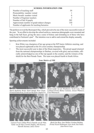 63
SCHOOL INFORMATION 1988
Number of teaching staff 59
Promotability: number visited 1
Merit Awards: number visited 6
Number of beginner teachers 3
Number of Std 10 pupils 202
Approximate number of grade/subject changes 150
Number of applicants for teaching bursaries 7
The prefects revived the Boeresport Day, which proved to be one of the more successful events of
the year. “In an effort to develop the school archives, numerous photographs were mounted and
hung in the hall foyer, giving the area a sense of history and reminding us of those who have
contributed to Fairmont’s past”. The intention was to add to and extend the display annually.
Sporting achievements included:
• Kim White was champion of her age group at the WP Junior Athletics meeting, and
was placed eighteenth at the SA cross-country championship.
• The most successful year to date of the Drum majorettes. The proud squad returned
from the national championships in Durban, covered with glory and accolades, offi-
cially acknowledged as one of the top squads in the country; and the winners of the
shield for the Best Parade Team. The team was placed fourth in South Africa.
Some Matrics of 1988
(Back) Stephanie Bickel, Heidi Stumpf, Rene Cloete,
(Front)KristinaKratz,EwoldvanMechelen,AngelaCox
(Back) Lynda van der Westhuizen, Nicole Lenz, Yvette
Lombard (Front) Shirley Cannone, Jenean Whitmore,
Carol Whitchurch
Laureen Fraser, Gillian Wood, Chanelle van der Watt,
Kathy van der Riet, Caronne Hughes, Julie Kearsey,
Marielle Steeman, Janice Turner
(Back) Ian Skeet, Jane Slabber, Graham Skelding
(Front) Nicole Heidemann, Gero Aweh, Ena Venter,
Jean-Pierre Craye
 