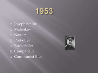    Joseph Stalin
   Malenkov
   Nasser
   Prokofiev
   Rockefeller
   Campanella
   Communist Bloc
 