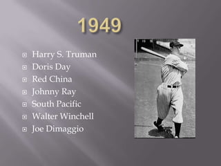    Harry S. Truman
   Doris Day
   Red China
   Johnny Ray
   South Pacific
   Walter Winchell
   Joe Dimaggio
 