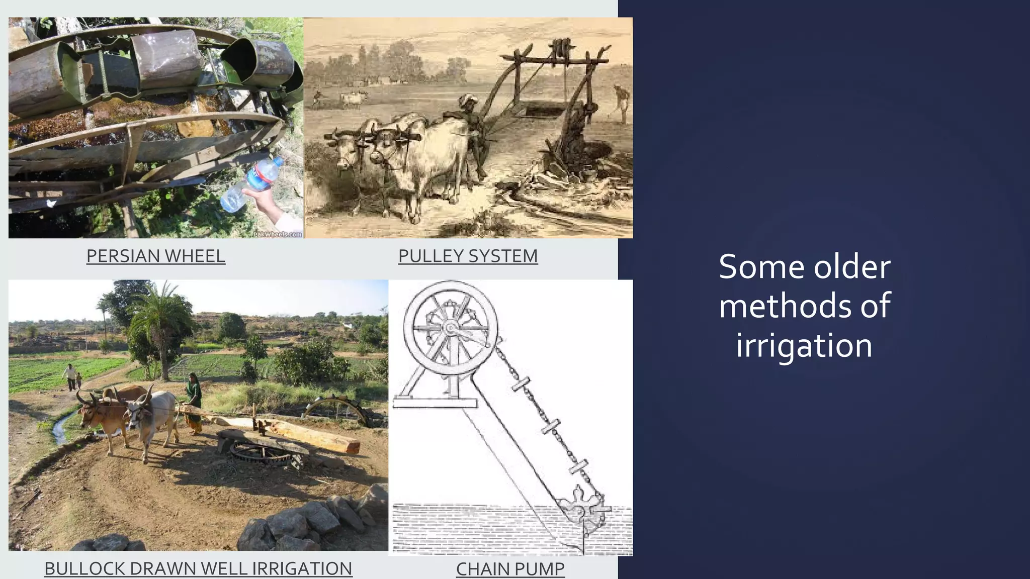 Some older 
methods of 
irrigation 
PERSIAN WHEEL PULLEY SYSTEM 
BULLOCK DRAWN WELL IRRIGATION CHAIN PUMP 
 