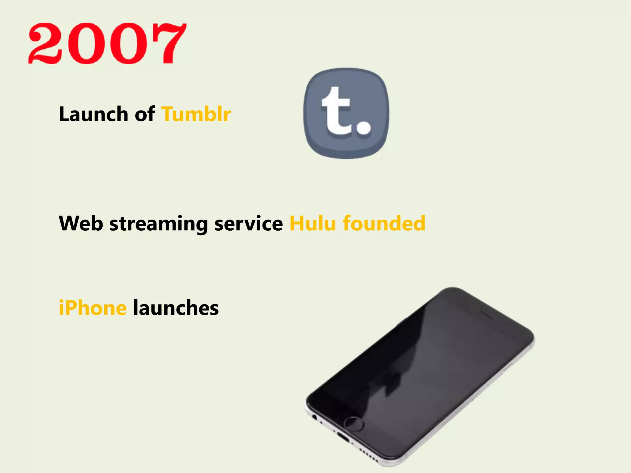 Launch of Tumblr
Web streaming service Hulu founded
iPhone launches