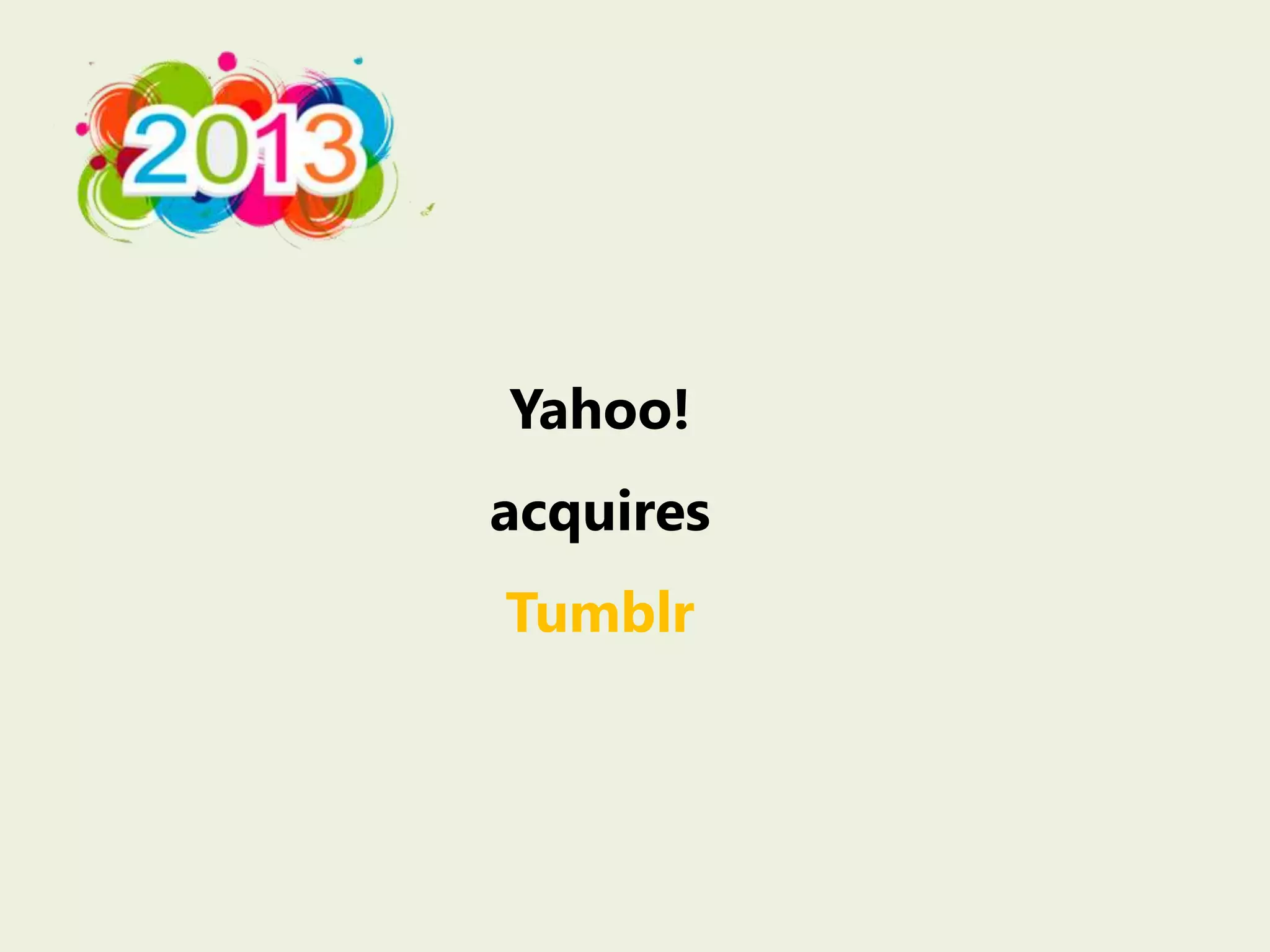 Yahoo!
acquires
Tumblr