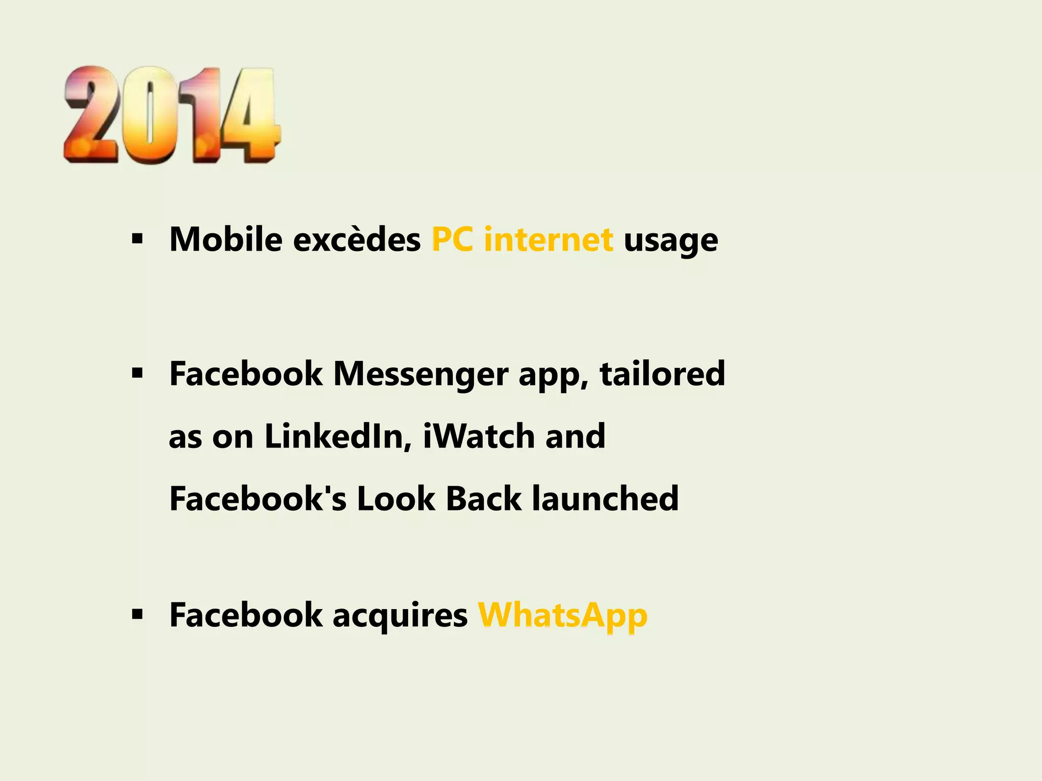  Mobile excèdes PC internet usage
Facebook Messenger app, tailored
as on LinkedIn, iWatch and
Facebook's Look Back launched
Facebook acquires WhatsApp
