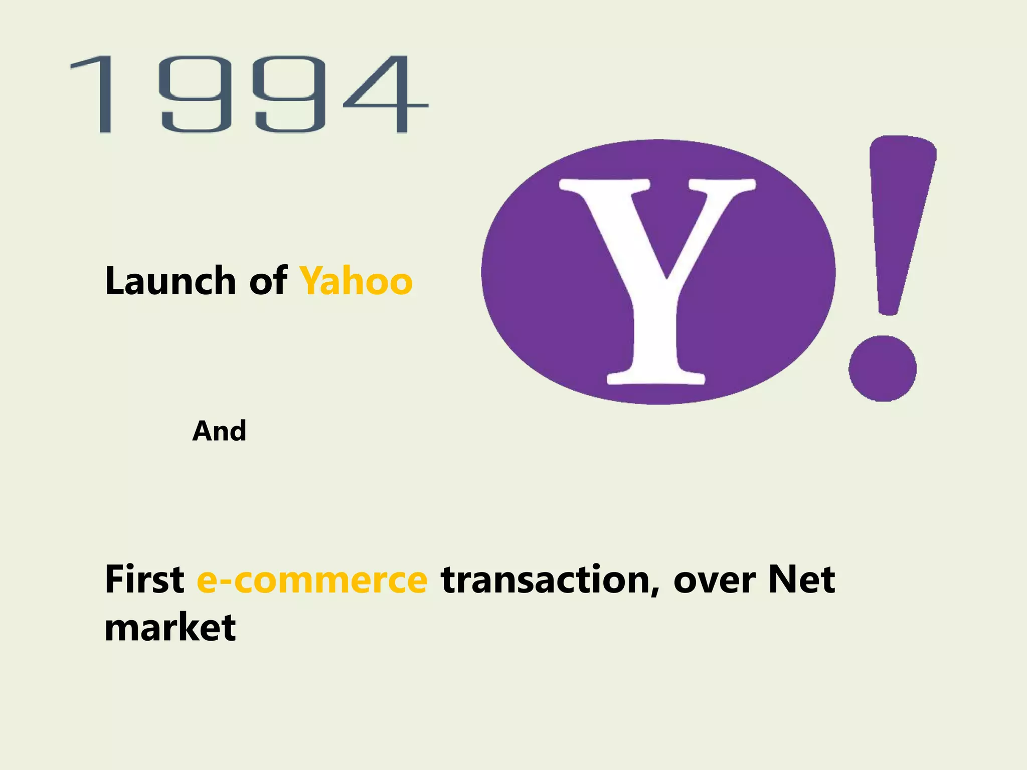 Launch of Yahoo
First e-commerce transaction, over Net
market
And