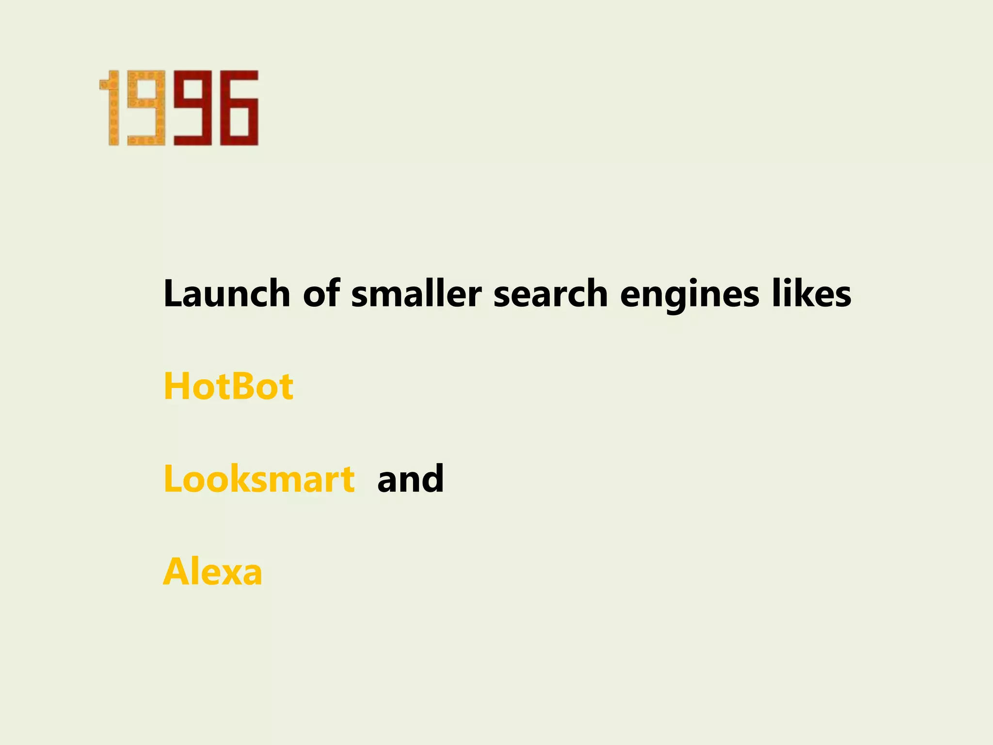 Launch of smaller search engines likes
HotBot
Looksmart and
Alexa