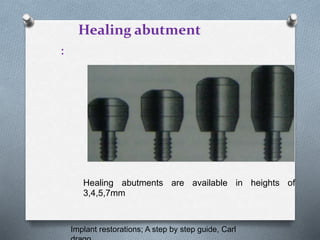 Healing abutment
:
Healing abutments are available in heights of
3,4,5,7mm
Implant restorations; A step by step guide, Carl
 