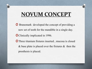 NOVUM CONCEPT
o Branemark developed the concept of providing a
new set of teeth for the mandible in a single day.
oClinically implicated in 1996.
oThree titanium fixtures inserted , mucosa is closed
& base plate is placed over the fixtures & then the
prosthesis is placed.
 
